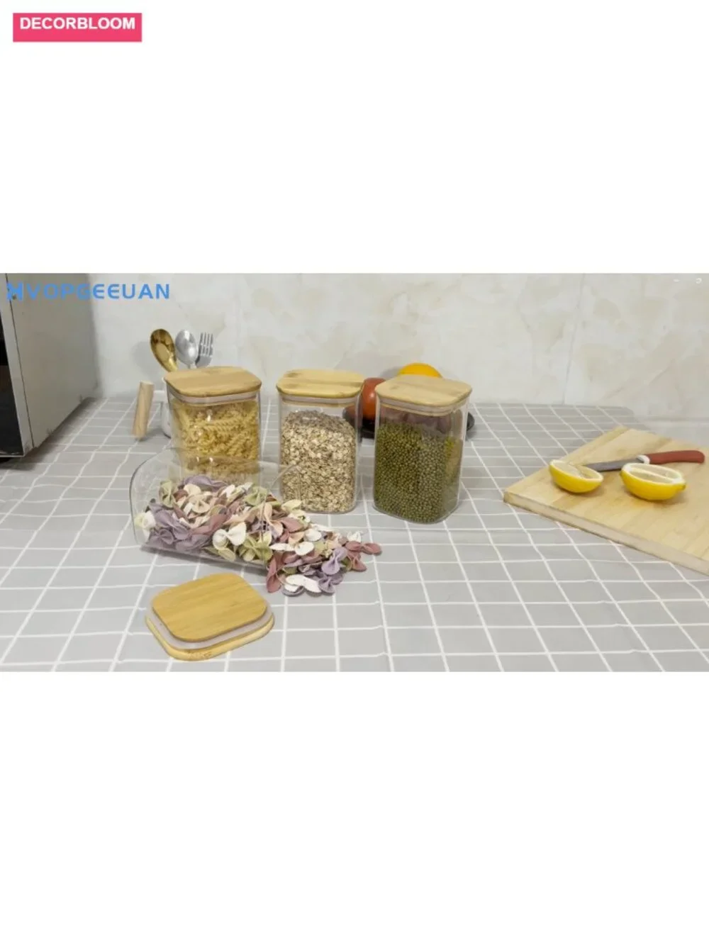 Airtight Glass Storage Canisters with Bamboo Lids, 4 Pack Square Jar for Kitchen